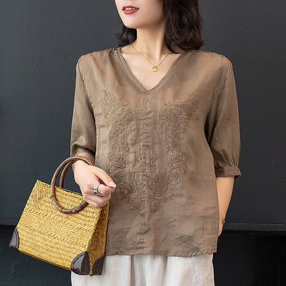 V-neck Five-point Sleeve Embroidered Cotton And Linen Shirt