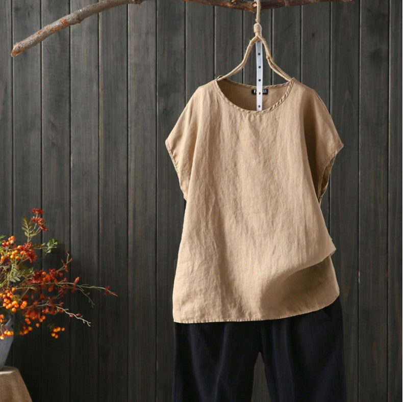 Cotton Linen Blouse Summer Short Sleeve Casual Shirt