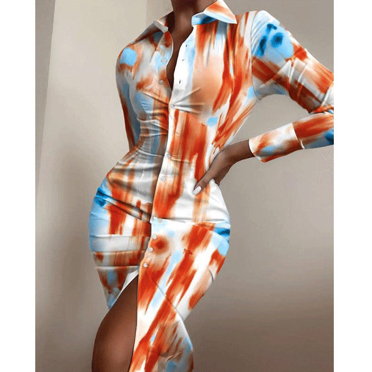 Fashion Printed Sexy Waist Slimming Shirt Dress