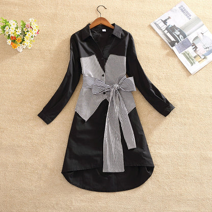 Female Plaid Stitching Shirt Skirt Waist Is Thinner And Bow Knot Asymmetrical Dress