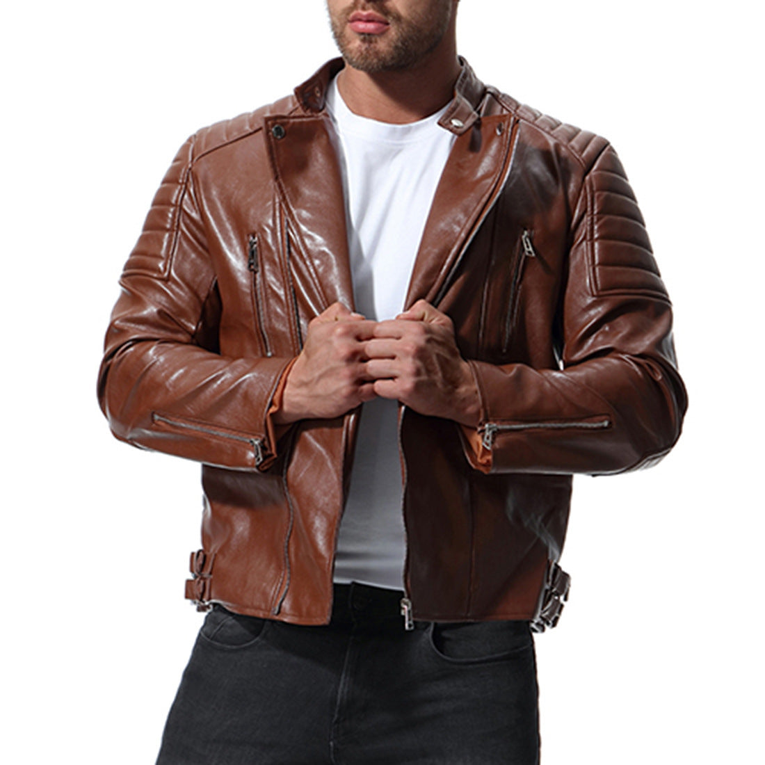 Locomotive Lapel Fashion Leather Jacket