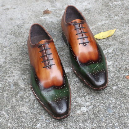 Carved Hand-cut Color Matching Wingtip Oxford Leather Shoes