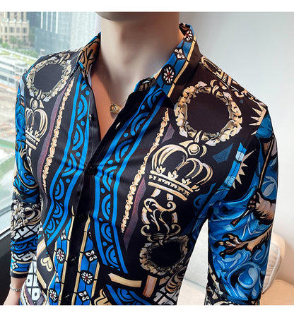 Men Digital Printed Blue Casual Long Sleeve Lapel Shirt