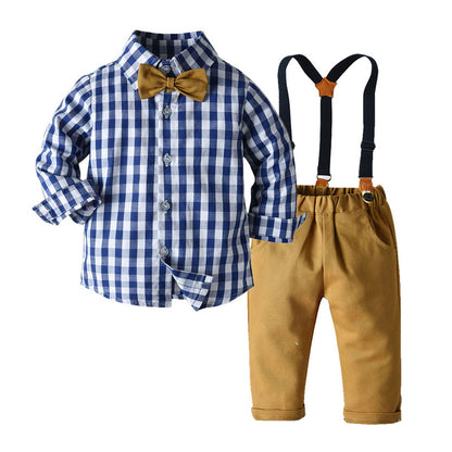 Korean Style Plaid Long-sleeved Boy Cotton Shirt Bib Two-piece Suit