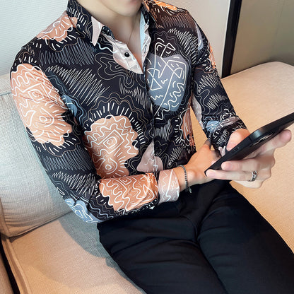 Men Casual Abstract Printed Long-Sleeved Lapel Black Shirt