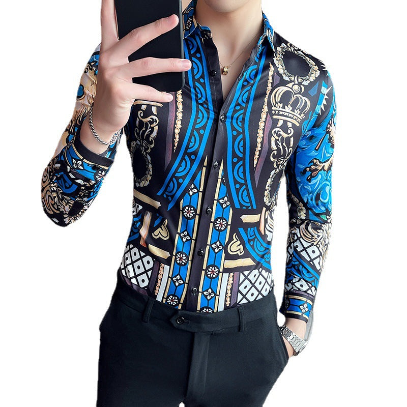 Men Digital Printed Blue Casual Long Sleeve Lapel Shirt