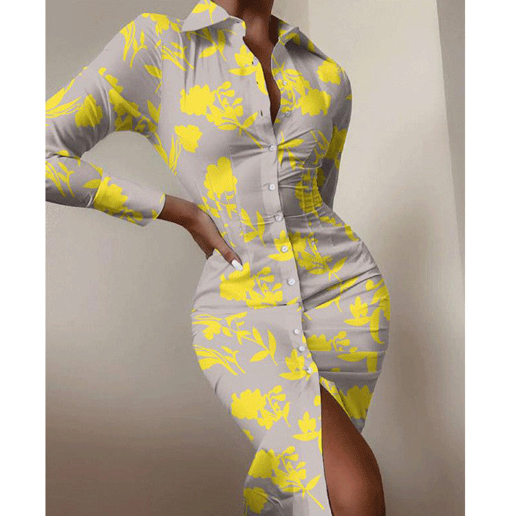 Fashion Printed Sexy Waist Slimming Shirt Dress