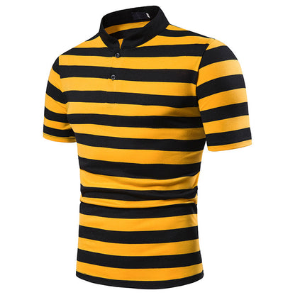 Men's Polo Fashion Thick Stripes Men's Casual Stand-Up Collar Short-Sleeved Polo Shirt