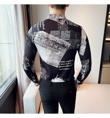 Men Floral Long Sleeve Lapel Collar Casual Printed Shirt