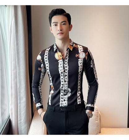 Men British Casual Printed Long Sleeve Lapel Top