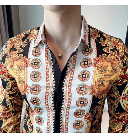 Men Gold Printed Long Sleeve Lapel Shirt