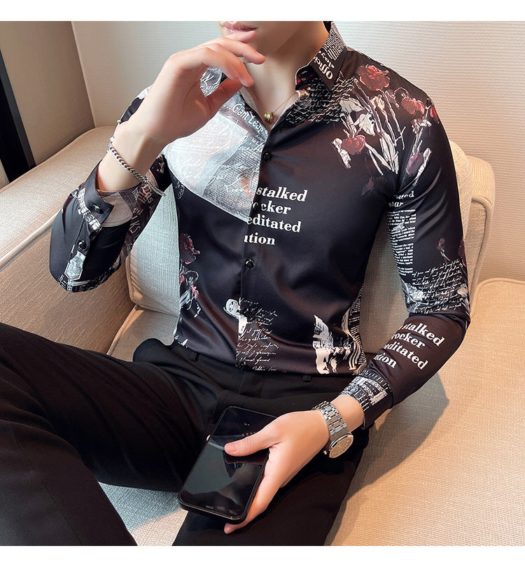 Men Floral Long Sleeve Lapel Collar Casual Printed Shirt