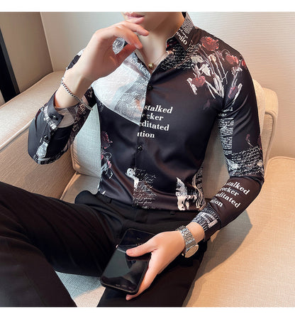 Men Floral Long Sleeve Lapel Collar Casual Printed Shirt