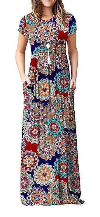 Summer Women's Round Neck Short-sleeved Loose Print Long Dress