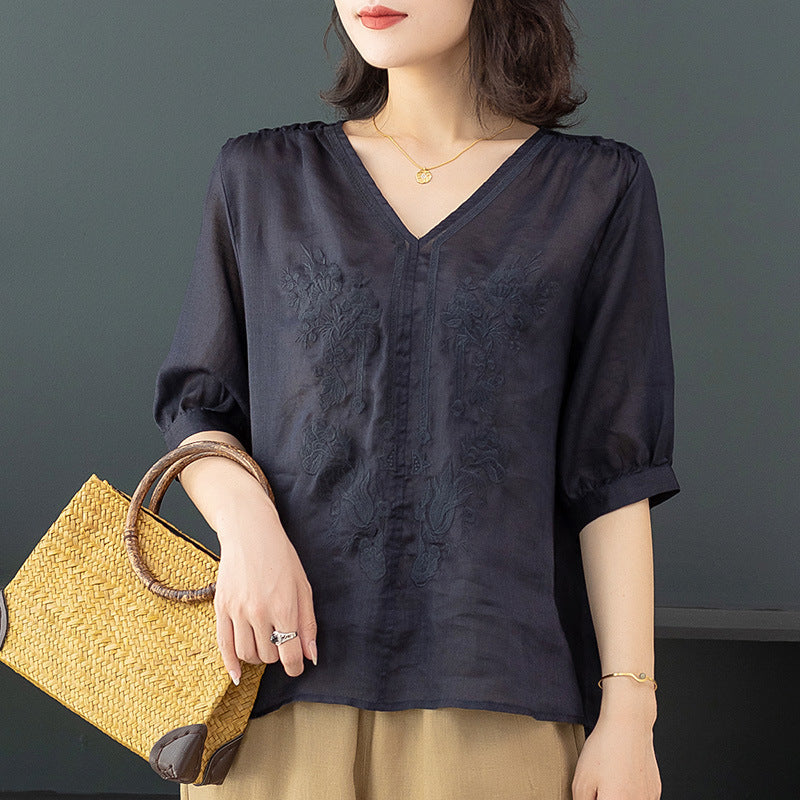 V-neck Five-point Sleeve Embroidered Cotton And Linen Shirt