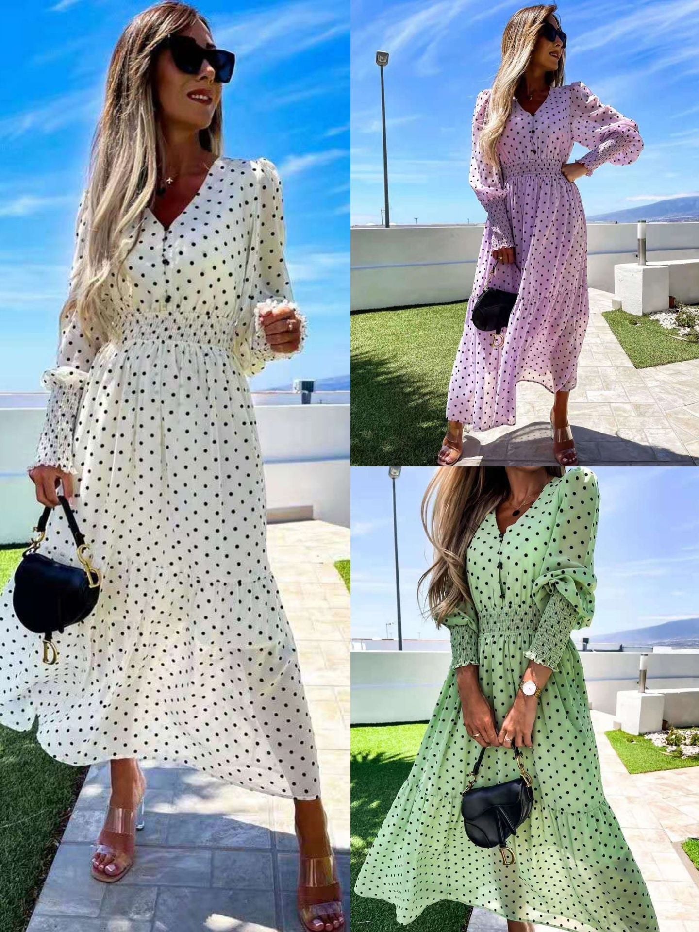 Long Sleeve V-Neck Lady Chiffon Long Dress Women