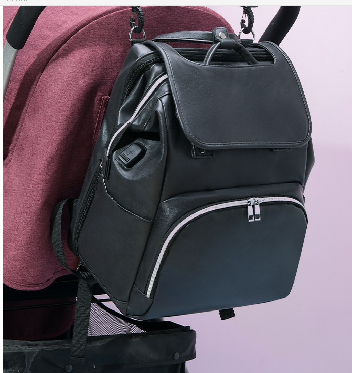 New PU Leather Diaper Bag Baby Mummy Maternity Bag Backpack Nappy Nursing Bag Outdoor Travel Bag Foldable Cradle