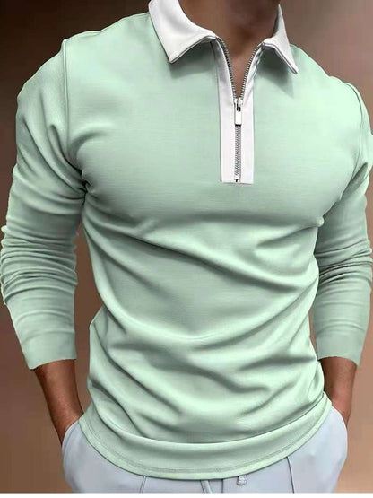 Men Zipper Stitching Lapel T Shirt Long Sleeves