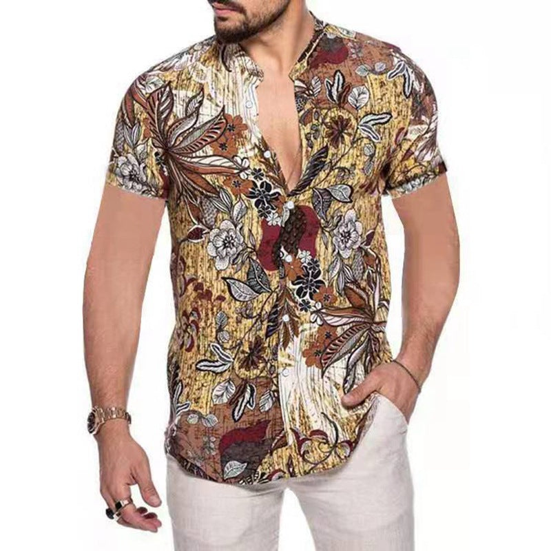 New Men's Printed Shirt Short-Sleeved Half-High Collar Floral Cardigan Top