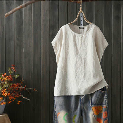 Cotton Linen Blouse Summer Short Sleeve Casual Shirt