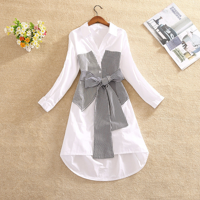 Female Plaid Stitching Shirt Skirt Waist Is Thinner And Bow Knot Asymmetrical Dress