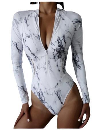 Floral Print Long Sleeve Zip Surfing Suit Zipper One-Piece Swimsuit