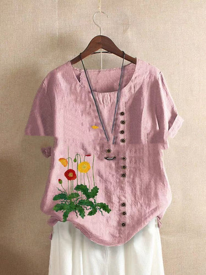 Retro Cotton And Linen Embroidered Button Shirt Women