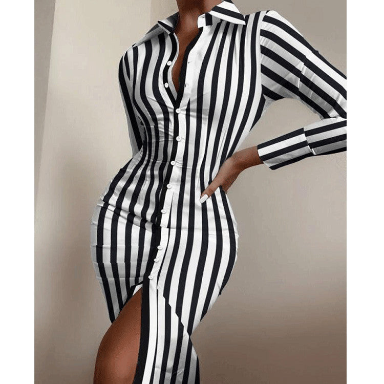 Fashion Printed Sexy Waist Slimming Shirt Dress