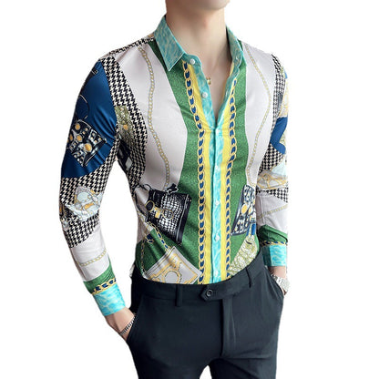 Men Retro Print Thin Long Sleeve Lapel Shirt