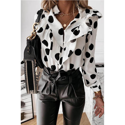 Polka Dot Print Long Sleeve V-Neck Blouse Blouse