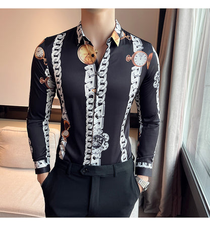 Men British Casual Printed Long Sleeve Lapel Top