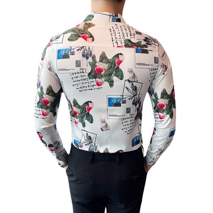 Men Digital Printed Blue Casual Long Sleeve Lapel Shirt