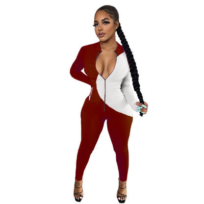 Sexy Casual Hit Color Zipper Long-sleeved Jumpsuit