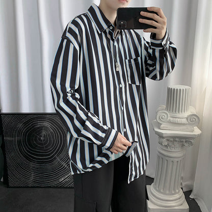 Hong Kong Style Color Block Striped Long-sleeved Shirt