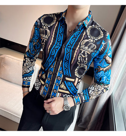 Men Digital Printed Blue Casual Long Sleeve Lapel Shirt