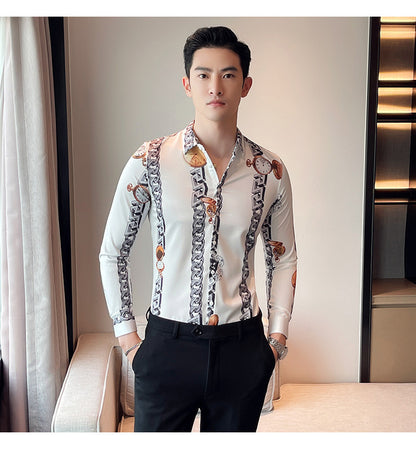 Men British Casual Printed Long Sleeve Lapel Top