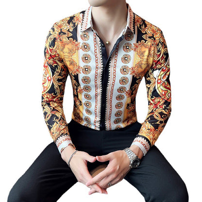 Men Gold Printed Long Sleeve Lapel Shirt