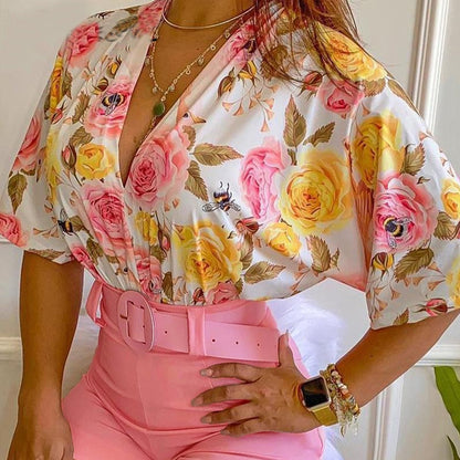 Women 2 Piece Set Spring V Neck Floral Print Half Sleeve Crop Top