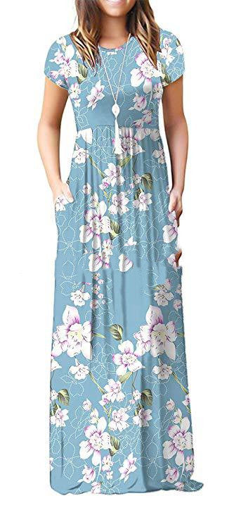 Summer Women's Round Neck Short-sleeved Loose Print Long Dress