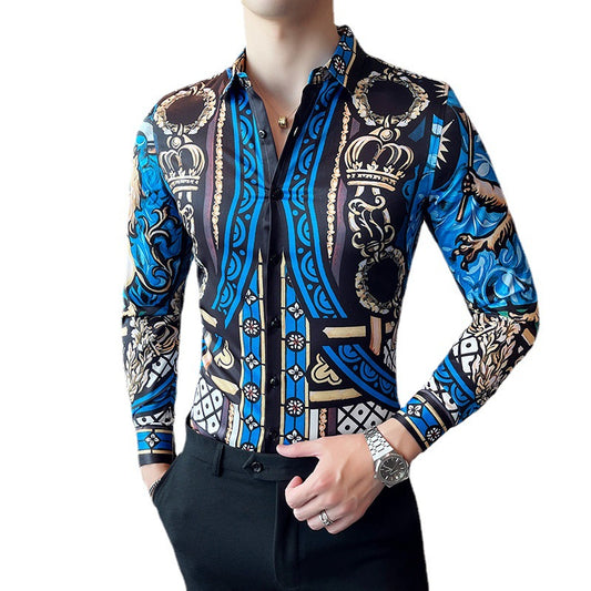 Men Digital Printed Blue Casual Long Sleeve Lapel Shirt