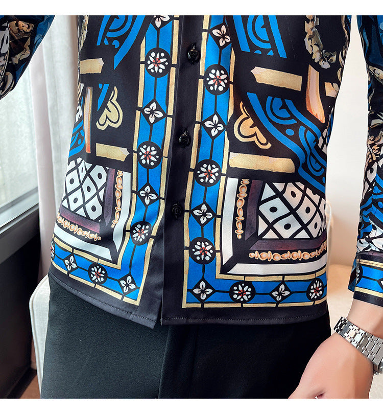 Men Digital Printed Blue Casual Long Sleeve Lapel Shirt