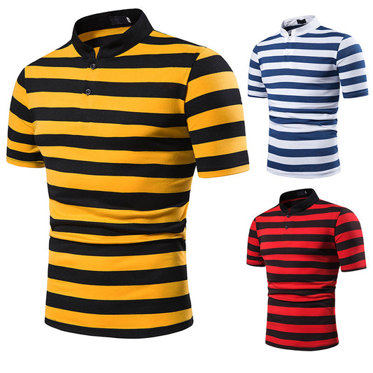 Men's Polo Fashion Thick Stripes Men's Casual Stand-Up Collar Short-Sleeved Polo Shirt