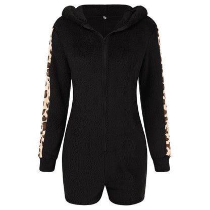 Women's Tight-fitting Hoode Autumn And Winter Leopard Print Jumpsuit